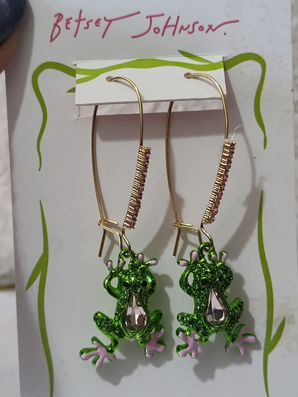 BETSEY JOHNSON Glitter Frog Drop Earrings Pink Crystal Gold Tone NWT - Picture 5 of 5